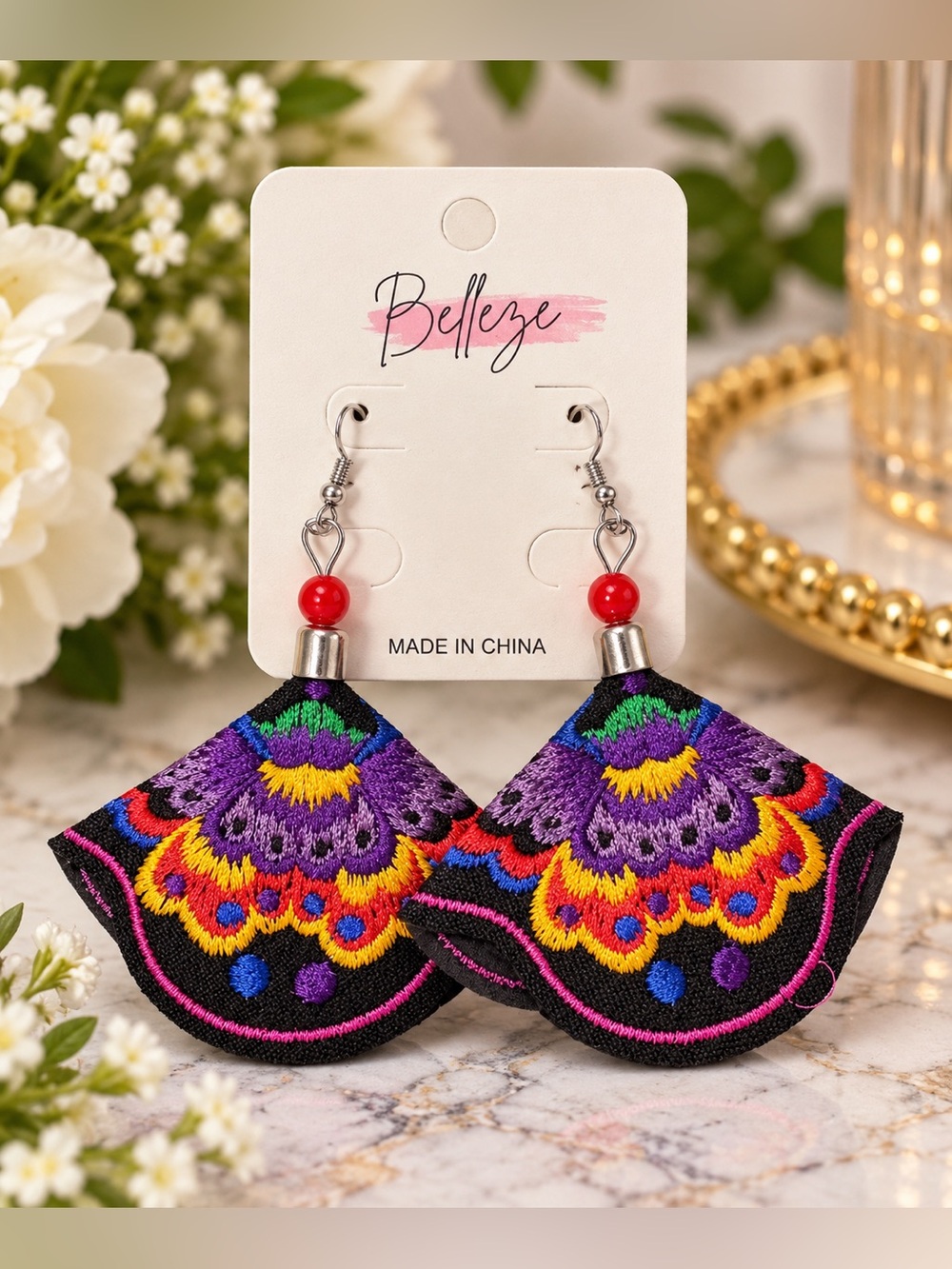 Multicolor Embroidered Fan Drop Earrings with Red Bead